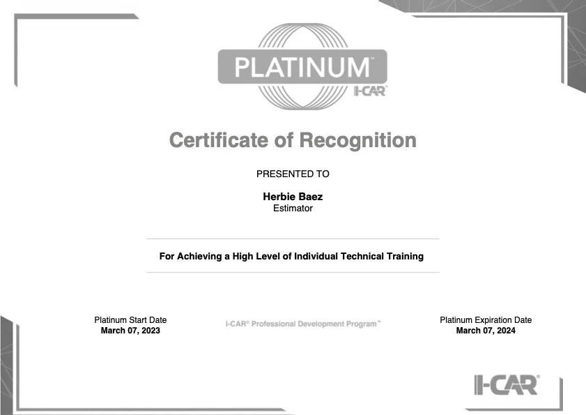 I-CAR Platinum Certificate awarded to Herbie Baez