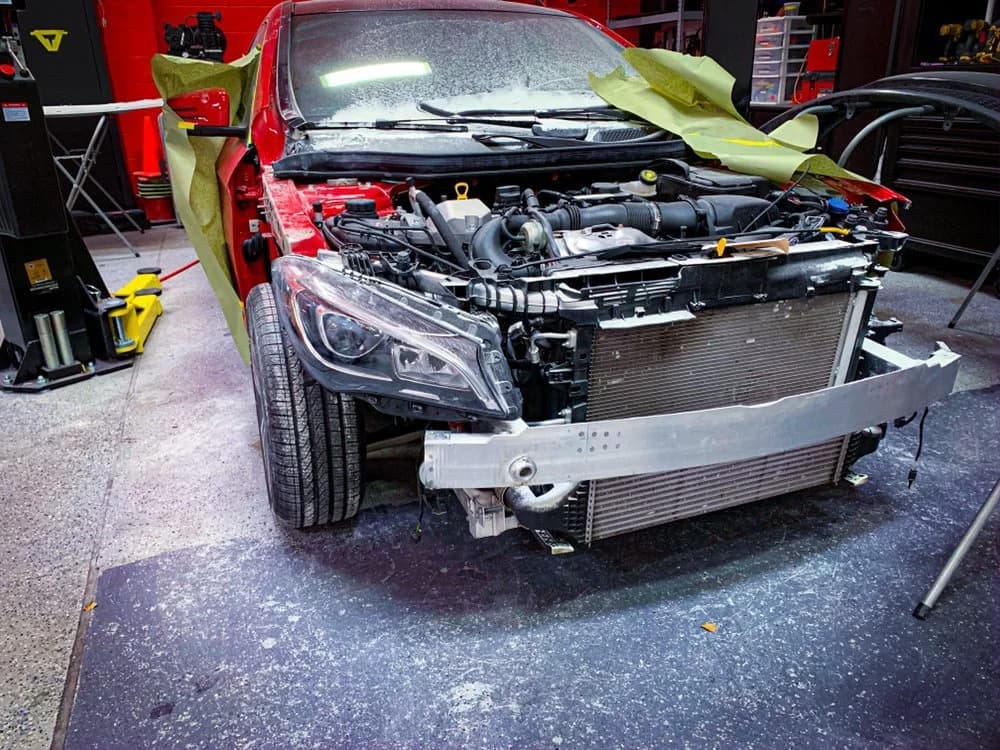 Front-end collision repair in progress at HADD Customs in Beverly Hills